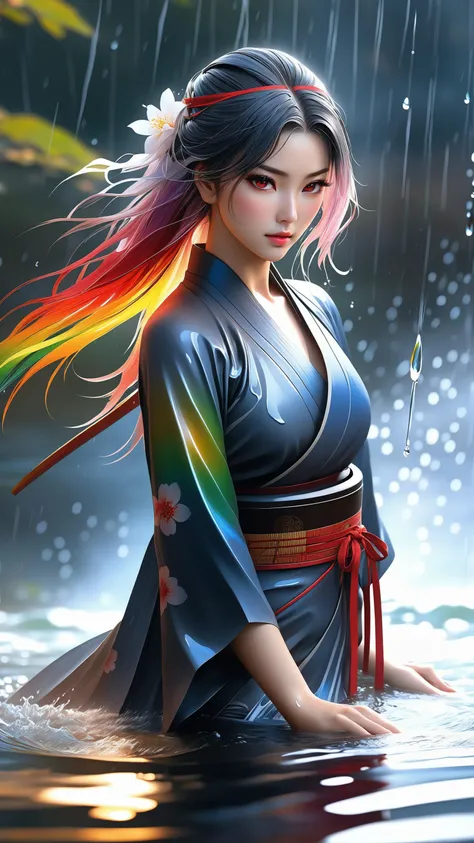 (Highest picture quality), (Master's work), (ultra-detailed), the portrait is centered, 1girl, raiden shogun, nsfw, (wet clothes), blush, bare hips, (sheer shirt), (from above:1.7), (translucent dress), water drop, (rain), (outdoors), stained, wet hair, wet dress, wet, scenery, (long hair), nature background, close up, ((on back)), water, lying in water, masterpiece, best quality, ultra high res, highly detailed, (abstract expressionism art:1.4), [girl | fire ghost:10], love, sparking fire red eyes, dark rainbow theme, colorful, visually stunning, beautiful, gorgeous, emotional, intricate, perferct shading, rainbow hair