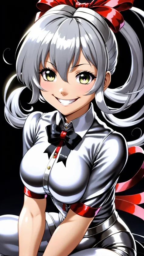 masterpiece, best quality, 1girl, silver hair, from below, sitting, hair ribbon, evil smile, half-opened eyes, hentai, cartoon style