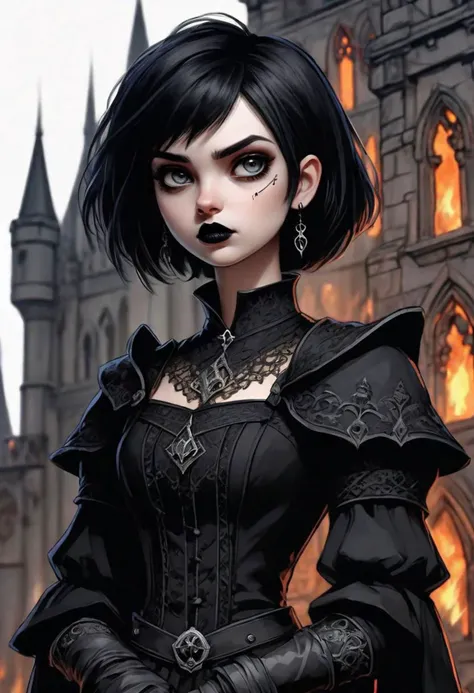 lineart, line art, dark fantasy style, gothic style, ((masterpiece, best quality)), 1girl, goth, black lipstick, (heterochromia:1.1), very short black hair, messy hair, intricate embroidery, disgust, contempt, authority, upper body, from below, angle, tilted head, gothic castle background, ((sketch)) background, fire light source, gloomy atmosphere, strong rim lighting, volumetric lighting,