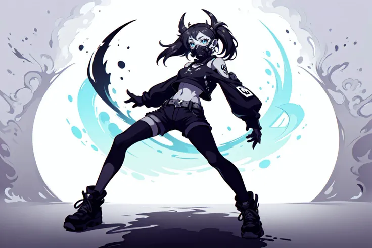 breathtaking full shot, full body, a beautiful woman, vivid colors, extremely detailed, dynamic lighting, dynamic pose, <lora:edgGrungeFreestyle:0.7> edgGrunge, wearing edgGrunge fashion <lora:girl_with_mask_lora013:1> mask <lora:LabstractGeo:1> CS-YBF, masterpiece, award-winning, professional, highly detailed