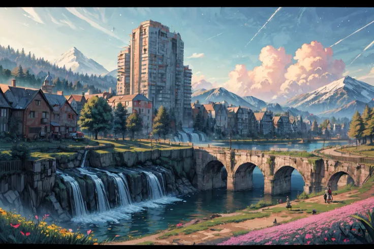 (RAW photo, 8k uhd, Analog style, Masterpiece, Best Quality, Highres:1.4), (dramatic, cinematic:1.2), BREAK,
movie shot of colorful hyperdetailed fantastic fantasy mysterious magic landscape, above clouds, (medieval elven fantasy (village:1.35), (steampunk:1.05) (peasant:1.15) (robots:1.1) (crowd:1.35), playing (little steampunk (girl:1.25):1.1), (farm:1.31), (lake, (river:1.14):1.15), (bridges:1.4), (waterfalls:1.35), (boat:1.4), (dock:1.1), (cliff:1.35), road, (green:1.05) valley, (flowers:1.2), (maple trees:0.65), (green:1.05) (fields:1.3), (fences:1.3), (snowy:1.17) (pines:1.1), (pink:1.0) (flowering tree:1.12):1.22), BREAK,
((mountains:1.22), (futuristic:1.15) (overgrown:1.27) (skyscrapers:1.53) (ruins:1.35), (market, water wheel, castle:1.14), (colorful houses:1.2), birds, stairs, spaceport, ((bright morning sun daylight:1.05) rainbow pure (blue:1.05) sky, glowing:1.05), starry, crescent, meteor, ((fluffy cloud:1.2), godrays, light particles:1.05), various seasons, steam, smokes:1.2), BREAK,
(photorealistic:1.2), (intricate:1.3), (light theme:1.3), (inspiring joyful atmosphere:1.2), (fabulous, fantasy, mysterious, science fiction, post-apocalypse, incredible, amazing, happy, sunny, pastoral:1.2), (hyperdetailed, absurdres:1.2), (colorful, saturated:1.4), colorful lighting, BREAK,
<lora:more_details:1>,