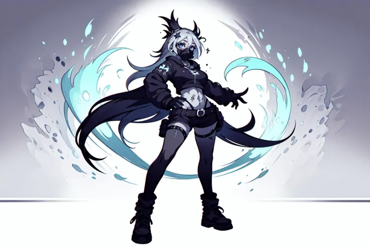 breathtaking full shot, full body, a beautiful woman, vivid colors, extremely detailed, dynamic lighting, dynamic pose, <lora:edgGrungeFreestyle:0.7> edgGrunge, wearing edgGrunge fashion <lora:girl_with_mask_lora013:1> mask   <lora:LabstractGeo:1>, masterpiece, award-winning, professional, highly detailed