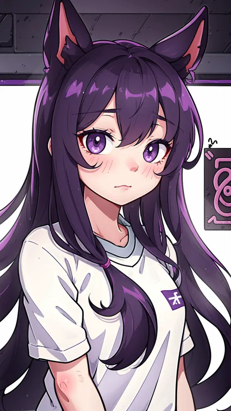 best quality, aesthetic, detailed, by ziyun, 1girl, rice shower, hair over one eye, long hair, horse ears, purple eyes, squiggle, sportswear, detailed face, dark room messy room, shadow dim light, rim lighting, cartoon style