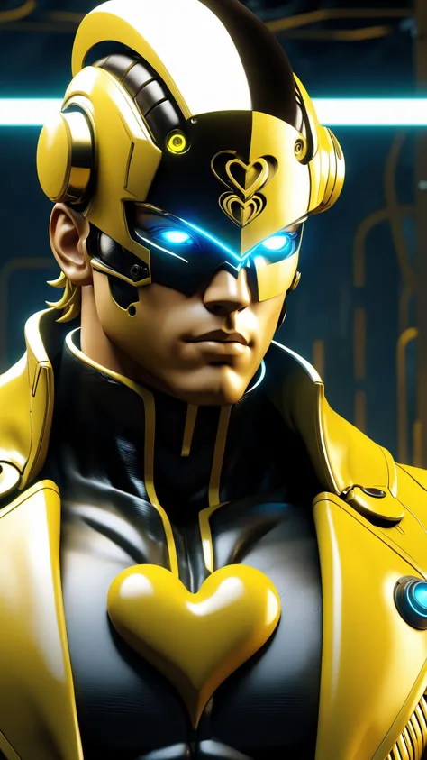 (yellow stylized font says DIO BRANDO:1,3), (high contrast:1.25), cyberpunk, robotic, western cartoon style, dark, atmospheric, studio quality, neon lights, magazine cover, bladerunner, perfect eyes, posing, futuristic, gold mask, hollow mask, cinematic, carbon fiber, soft depth of field, male focus, intimidating, visually stunning, impressive, (dio brando), muscular, giga Chad, intricate details, sci-fi, male focus, solo, headband, jacket, jewelry, heart, earrings, yellow jacket, pants, (mechanical, cyborg, mech, robot)