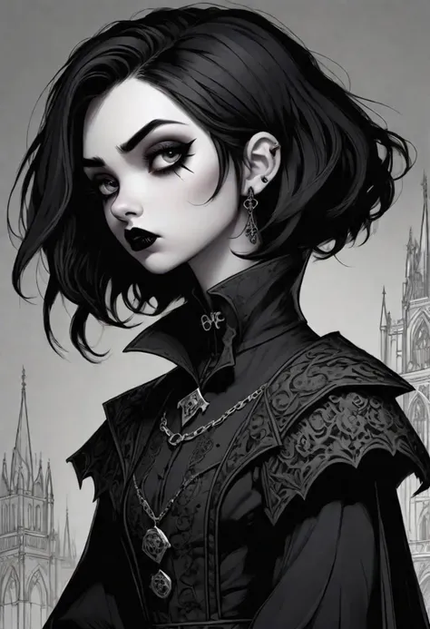 lineart, line art, dark fantasy style, gothic style, ((masterpiece, best quality)), 1girl, goth, black lipstick, very short black hair, messy hair, intricate embroidery, disgust, contempt, authority, from below, angle, tilted head, gloomy atmosphere, strong rim lighting, volumetric lighting,