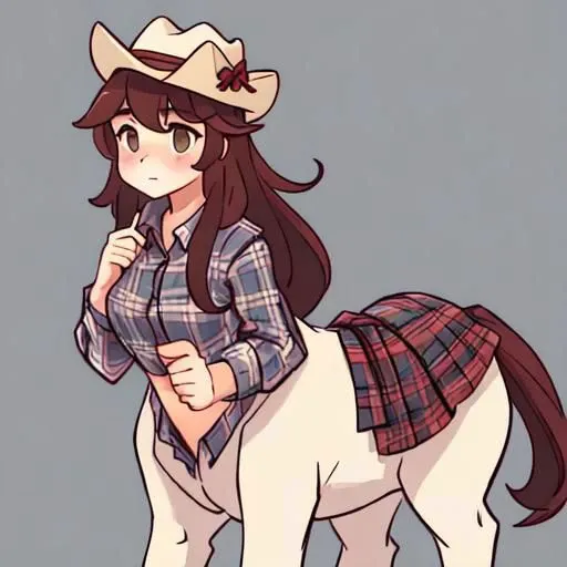 (centuar:1.5), plaid shirt, realistic, female, cute, trotting, (centaur girl:1.5), cowboy hat, fantasy