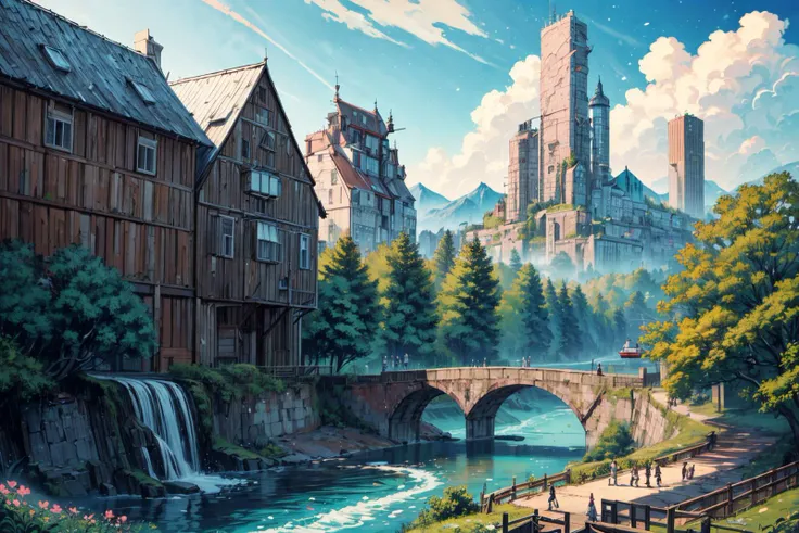 (RAW photo, 8k uhd, Analog style, Masterpiece, Best Quality, Highres:1.4), (dramatic, cinematic:1.2), BREAK,
shot of colorful hyperdetailed fantastic fantasy mysterious magic landscape, above clouds, (medieval elven fantasy (village:1.35), (steampunk:1.05) (peasant:1.15) (robots:1.1) (crowd:1.35), playing (little steampunk (girl:1.25):1.1), (farm:1.31), (lake, (river:1.14):1.15), (bridges:1.4), (waterfalls:1.35), (boat:1.4), (dock:1.1), (cliff:1.35), road, (green:1.05) valley, (flowers:1.2), (maple trees:0.65), (green:1.05) (fields:1.3), (fences:1.3), (snowy:1.17) (pines:1.1), (pink:1.0) (flowering tree:1.12):1.22), BREAK,
((mountains:1.22), (futuristic:1.15) (overgrown:1.27) (skyscrapers:1.53) (ruins:1.35), (market, water wheel, castle:1.14), (colorful houses:1.2), birds, stairs, spaceport, ((bright morning sun daylight:1.05) rainbow pure (blue:1.05) sky, glowing:1.05), starry, crescent, meteor, ((fluffy cloud:1.2), godrays, light particles:1.05), various seasons, steam, smokes:1.2), BREAK,
(photorealistic:1.2), (intricate:1.3), (light theme:1.3), (inspiring joyful atmosphere:1.2), (fabulous, fantasy, mysterious, science fiction, post-apocalypse, incredible, amazing, happy, sunny, pastoral:1.2), (hyperdetailed, absurdres:1.2), (colorful, saturated:1.4), colorful lighting, BREAK,
<lora:more_details:1>,