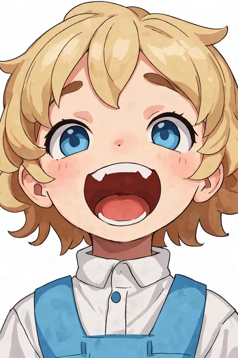 close-up photo portrait of a 3 yo european boy, blond short curly hair, blue eyes, laughing face expression, bib, simple background
