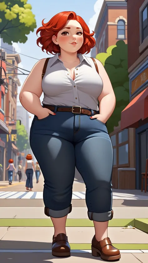 masterpiece, best quality, 1girl, red hair, wavy hair, very short hair, collared shirt, partially unbuttoned, cutoff jeans, mature female, cartoon style, chubby girl, public places ,feet out of frame, sleeveless