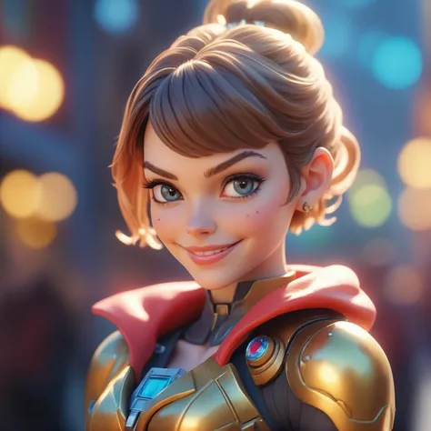 neon gold and light red colors, beautiful smiling girl looking like the mix of Milla Jovovich and Audrey Hepburn and Shakira terrific factory engine , close up , depth of field, bokeh , top view, view from above , (realistic, cinematic, photorealistic,  still, hollywood effects, details, intricate:1.5), amazing, hyper beautiful, soft light, bokeh, dof, depth of field, low dof, soft focus, cinematic, detailed skin, sub surface scattering, cute, global illumination , watercolor painting in Anime style in style of Warhammer art by Jordan Grimmer on the background of ] glittering blue and sparkling rainbow colors, , 24mm lens shot , depth of field, bokeh , rear view, view from behind, back view , (realistic, cinematic, photorealistic, moviel, hollywood effects, details, intricate:1.5), amazing, hyper beautiful, soft light, bokeh, dof, depth of field, low dof, soft focus, cinematic, detailed skin, sub surface scattering, cute, global illumination , watercolor painting in old poster style in style of Overwatch