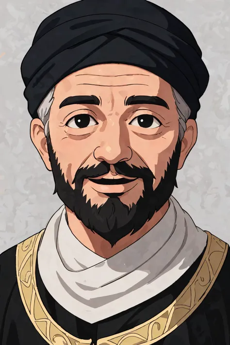 close-up photo portrait of a 60 yo aged Arab man, short grey hair, beard, black eyes, joyful face expression, turban, simple background