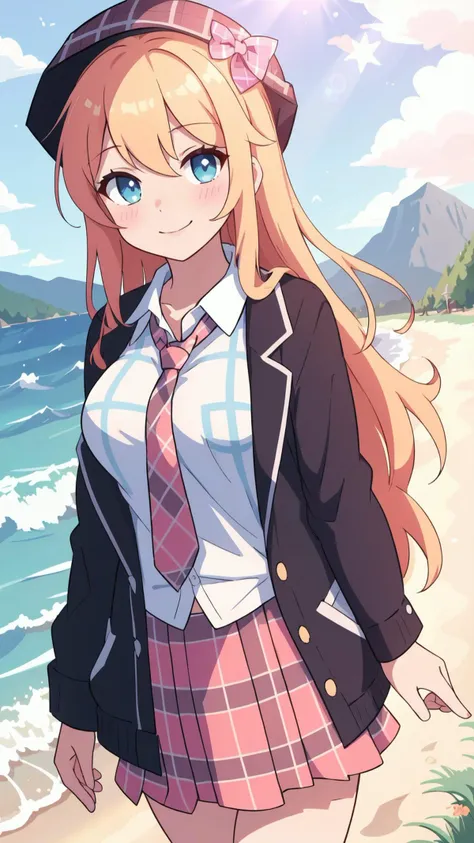 masterpiece, high quality best quality,1girl, bangs, beach, blue sky, blush, bow, breasts, checkered, checkered shirt, checkered skirt, cloud, cloudy sky, collarbone, day, envelope, giving, grass, hair bow, heart, holding, holding letter, horizon, incoming gift, kazami yuuka, leaning forward, lens flare, letter, light rays, long hair, looking at viewer, love letter, mountain, mountainous horizon, ocean, outdoors, plaid, plaid background, plaid bikini, plaid bow, plaid bowtie, plaid bra, plaid dress, plaid headwear, plaid jacket, plaid legwear, plaid necktie, plaid neckwear, plaid panties, plaid pants, plaid ribbon, plaid scarf, plaid shirt, plaid skirt, plaid vest, pov, shirt, skirt, sky, smile, solo, sun, sunbeam, sunlight, tree, unmoving pattern