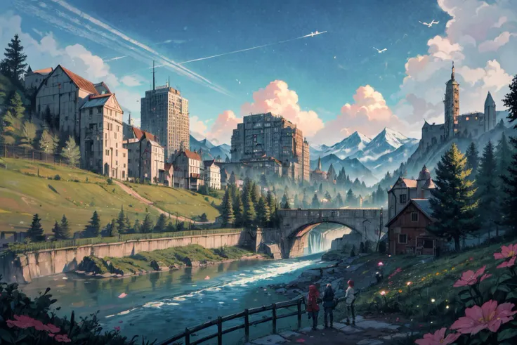 (RAW photo, 8k uhd, Analog style, Masterpiece, Best Quality, Highres:1.4), (dramatic, cinematic:1.2), BREAK,
shot of colorful hyperdetailed fantastic fantasy mysterious magic landscape, above clouds, (medieval elven fantasy (village:1.35), (steampunk:1.05) (peasant:1.15) (robots:1.1) (crowd:1.35), playing (little steampunk (girl:1.25):1.1), (farm:1.31), (lake, (river:1.14):1.15), (bridges:1.4), (waterfalls:1.35), (boat:1.4), (dock:1.1), (cliff:1.35), road, (green:1.05) valley, (flowers:1.2), (maple trees:0.65), (green:1.05) (fields:1.3), (fences:1.3), (snowy:1.17) (pines:1.1), (pink:1.0) (flowering tree:1.12):1.22), BREAK,
((mountains:1.22), (futuristic:1.15) (overgrown:1.27) (skyscrapers:1.53) (ruins:1.35), (market, water wheel, castle:1.14), (colorful houses:1.2), birds, stairs, spaceport, ((bright morning sun daylight:1.05) rainbow pure (blue:1.05) sky, glowing:1.05), starry, crescent, meteor, ((fluffy cloud:1.2), godrays, light particles:1.05), various seasons, steam, smokes:1.2), BREAK,
(photorealistic:1.2), (intricate:1.3), (light theme:1.3), (inspiring joyful atmosphere:1.2), (fabulous, fantasy, mysterious, science fiction, post-apocalypse, incredible, amazing, happy, sunny, pastoral:1.2), (hyperdetailed, absurdres:1.2), (colorful, saturated:1.4), colorful lighting, BREAK,
<lora:more_details:1>,