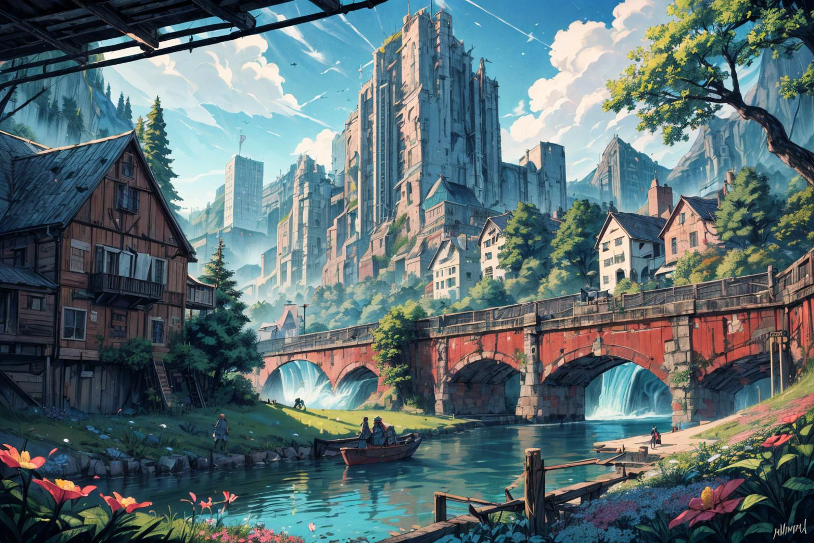 (RAW photo, 8k uhd, Analog style, Masterpiece, Best Quality, Highres:1.4), (dramatic, cinematic:1.2), BREAK,
movie shot of colorful hyperdetailed fantastic fantasy mysterious magic landscape, above clouds, (medieval elven fantasy (village:1.35), (steampunk:1.05) (peasant:1.15) (robots:1.1) (crowd:1.35), playing (little steampunk (girl:1.25):1.1), (farm:1.31), (lake, (river:1.14):1.15), (bridges:1.4), (waterfalls:1.35), (boat:1.4), (dock:1.1), (cliff:1.35), road, (green:1.05) valley, (flowers:1.2), (maple trees:0.65), (green:1.05) (fields:1.3), (fences:1.3), (snowy:1.17) (pines:1.1), (pink:1.0) (flowering tree:1.12):1.22), BREAK,
((mountains:1.22), (futuristic:1.15) (overgrown:1.27) (skyscrapers:1.53) (ruins:1.35), (market, water wheel, castle:1.14), (colorful houses:1.2), birds, stairs, spaceport, ((bright morning sun daylight:1.05) rainbow pure (blue:1.05) sky, glowing:1.05), starry, crescent, meteor, ((fluffy cloud:1.2), godrays, light particles:1.05), various seasons, steam, smokes:1.2), BREAK,
(photorealistic:1.2), (intricate:1.3), (light theme:1.3), (inspiring joyful atmosphere:1.2), (fabulous, fantasy, mysterious, science fiction, post-apocalypse, incredible, amazing, happy, sunny, pastoral:1.2), (hyperdetailed, absurdres:1.2), (colorful, saturated:1.4), colorful lighting, BREAK,
<lora:more_details:1>,