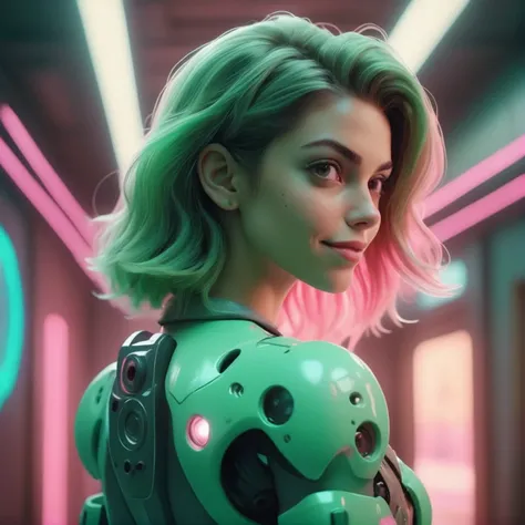 pale green and transparent rose colors, beautiful smiling girl looking like the mix of Margaret Qualley and Eva Mendes and Sofía Vergara terrific cyberpunk power generator , 50mm lens shot , lens flares with neon backlight , rear view, view from behind, back view , (realistic, cinematic, photorealistic, still, hollywood effects, details, intricate:1.5), intricate, parameters best quality, detailed, masterpiece, hyper details , manga drawing in vintage poster style in style of Overwatch in style of Tim Burton (huge hairy silicon :1.5) , 24mm lens shot , depth of field, bokeh , rear view, view from behind, back view , creative, soft light, dof, depth of field, low dof, soft focus, film grain, cinematic, detailed skin, sub surface scattering, scary, global illumination , (brightest sea-green and unsaturated pink colors:1.5)