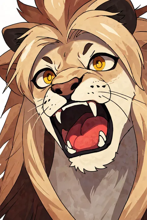 close-up photo portrait of a great lion, yellow eyes, very long lion's mane, roaring, open mouth, fangs, animal, no humans, simple background