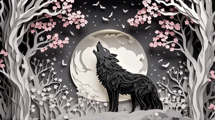 stacked papercut art of A young cartoon black and grey wolf howling at the moon surrounded by cherry trees in blossom . 3D, layered, dimensional, depth, precision cut, stacked layers, papercut, high contrast