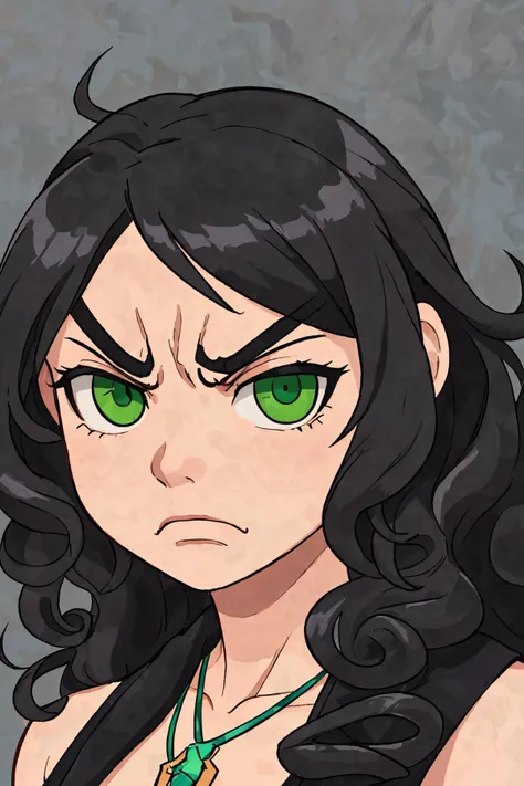 close-up photo portrait of a 40 yo samoan woman, black long curly hair, green eyes, angry face expression, necklace, simple background