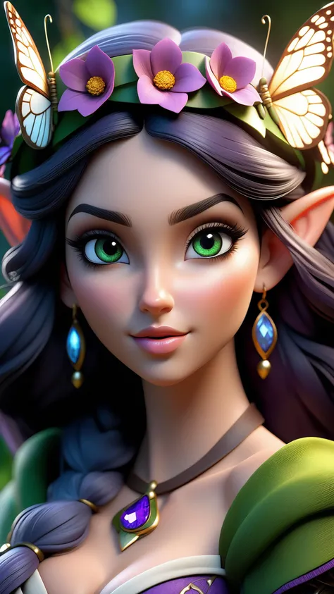 1girl, cowboy shot of beautiful elf druid, athletic, colored skin, purple skin, white eyes, black hair, green dress, flower crown, dark fantasy, dark atmosphere, forest, night, moon, glowing butterflies, volumetric lighting, best quality, masterpiece, intricate details, tonemapping, sharp focus, very detailed, trending on Artstation, realistic, (intricate details, hyperdetailed:1.15), (perfect hourglass figure), (desirable:1.1), (photorealistic face:1.2), (beautiful background:1.3), (curvy:1.2), (high detailed skin:1.2), dslr, (16k, RAW photo, best quality, masterpiece:1.2), (realistic, photo-realistic:1.37), hairstyle , realistic eyes, 3d model, doll, lips, makeup, dramatic, perfecteyes eyes, perfect eyes, perfect hands, perfect fingers, beautiful hands, detailed fingers, smooth skin, insanely detailed, micro detailed, macro detailed, maximum details, voluptuous, proportional eyes, firm breasts, firm cleavage, round breasts, round cleavage