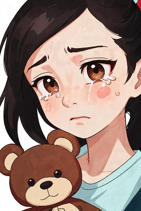 close-up photo portrait of a teenage asian girl, black ponytail, brown eyes, crying face expression, holding teddy bear, simple background