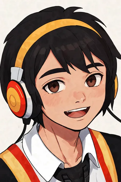 close-up photo portrait of a 25 yo young african man, black short african hair, stubble, brown eyes, excited face expression, headphones, simple background