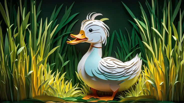 stacked papercut art of A young colorful cartoon duck surrounded by tall grass . 3D, layered, dimensional, depth, precision cut, stacked layers, papercut, high contrast