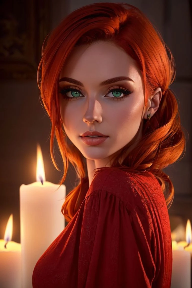 (rule of thirds), (masterpiece), (highly detailed), (realistic), (photorealistic), (Amouranth, red hair, 1girl, red dress,) (green eyes:0.7) (candles, atmospheric lighting, cinematic lighting, dark,) (portrait, close up,) <lora:Amouranth:0.6>