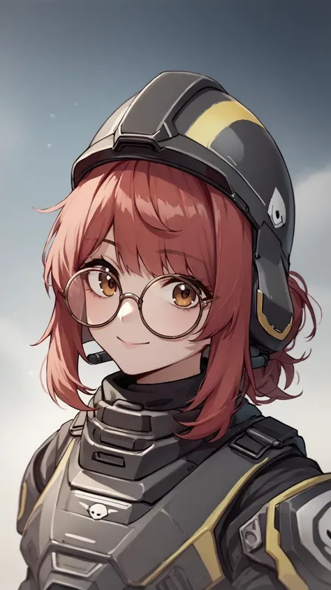 <lora:HelldiversXL:1> score_9, score_8_up, score_7_up, score_6_up, score_5_up, score_4_up, source_anime, helldiver, 1girl, armor, helmet, battle armor, medium breasts, zettai ryouiki, cowboy shot, helmet removed, red hair, brown eyes, looking at viewer, light smile, round glasses, <lora:round_glasses-v17:1> round_eyewear
