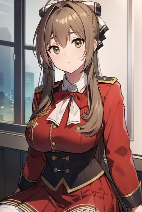 (masterpiece, best quality, absurdres), 1girl, solo, solofocus, light brown hair, long hair, ponytail, hazel eyes, adult, super closeup, indoors, military colonel uniform, light brown uniform, military badges, office, bookshelf, medium breasts