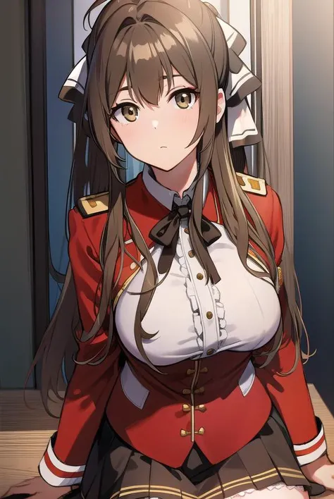 isuzu sento, Ahoge, (brown eyes:1.5), light brown hair, long hair, ponytail, hair ribbon, ribbon,Needle, black ribbon, black skirt, frilled skirt, frills, Jacket, army, army uniform, pleated skirt, (red Jacket:1.5), skirt, uniform, white ribbon, button,(big breasts:1.5),shiny,hair,((alone)),((masterpiece)),((highest quality)),perfect anatomy,slim waist,perfect image,8k UHD,(detailed and beautiful eyes:1.5),highly detailed face,Are standing,(Upper body:1.1),(look ahead:1.1),back arm,super detailed,disorganized,High resolution,indoor,