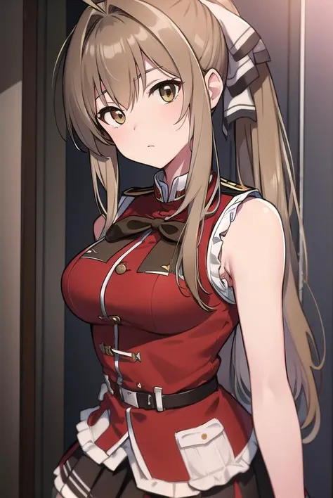 isuzusento, <lora:isuzusentotest:1>,
isuzu sento, ahoge, (brown eyes:1.7), light brown hair, long hair, ponytail, hair ribbon, ribbon, (medium breast:1.2),
BREAK aiguillette, ankle boots, black ribbon, black skirt, boots, brown footwear, cross-laced footwear, frilled skirt, frills, jacket, lace-up boots, military, military uniform, pleated skirt, (red jacket:1.5), skirt, thighhighs, uniform, white thighhighs, white ribbon, buttons, (sleeveless:1.5),
BREAK looking at viewer,
BREAK indoors, classroom,
BREAK <lora:GoodHands-vanilla:1>, (masterpiece:1.2), best quality, high resolution, unity 8k wallpaper, (illustration:0.8), (beautiful detailed eyes:1.6), extremely detailed face, perfect lighting, extremely detailed CG, (perfect hands, perfect anatomy),