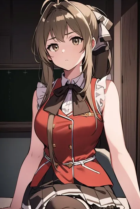 isuzusento, <lyco:isuzusento-LYCORIStest:1>,
isuzu sento, ahoge, (brown eyes:1.7), light brown hair, long hair, ponytail, hair ribbon, ribbon, (medium breast:1.2),
BREAK aiguillette, ankle boots, black ribbon, black skirt, boots, brown footwear, cross-laced footwear, frilled skirt, frills, jacket, lace-up boots, military, military uniform, pleated skirt, (red jacket:1.5), skirt, thighhighs, uniform, white thighhighs, white ribbon, buttons, (sleeveless:1.5),
BREAK looking at viewer,
BREAK indoors, classroom,
BREAK <lora:GoodHands-vanilla:1>, (masterpiece:1.2), best quality, high resolution, unity 8k wallpaper, (illustration:0.8), (beautiful detailed eyes:1.6), extremely detailed face, perfect lighting, extremely detailed CG, (perfect hands, perfect anatomy),