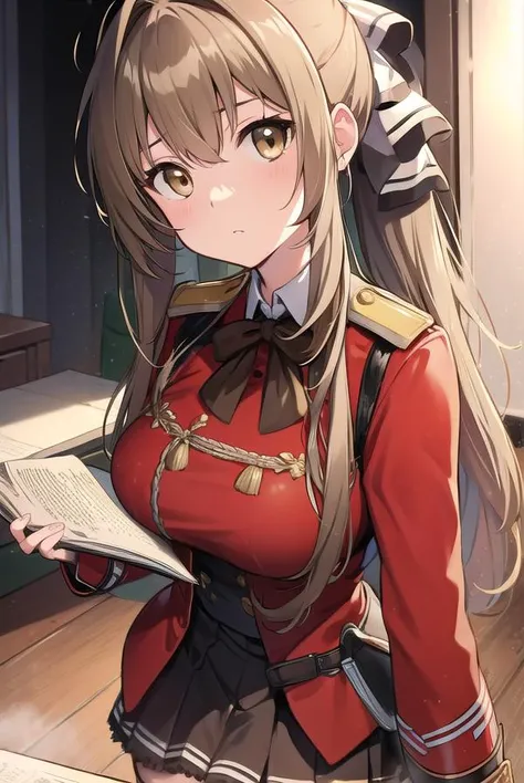 isuzusento, <lyco:isuzusento-LYCORIStest:1>,
isuzu sento, ahoge, (brown eyes:1.7), light brown hair, long hair, ponytail, hair ribbon, ribbon, (medium breast:1.2),
BREAK aiguillette, ankle boots, black ribbon, black skirt, boots, brown footwear, cross-laced footwear, frilled skirt, frills, jacket, lace-up boots, military, military uniform, pleated skirt, (red jacket:1.5), skirt, thighhighs, uniform, white thighhighs, white ribbon, buttons,
BREAK looking at viewer,
BREAK indoors, classroom,
BREAK <lora:GoodHands-vanilla:1>, (masterpiece:1.2), best quality, high resolution, unity 8k wallpaper, (illustration:0.8), (beautiful detailed eyes:1.6), extremely detailed face, perfect lighting, extremely detailed CG, (perfect hands, perfect anatomy),
