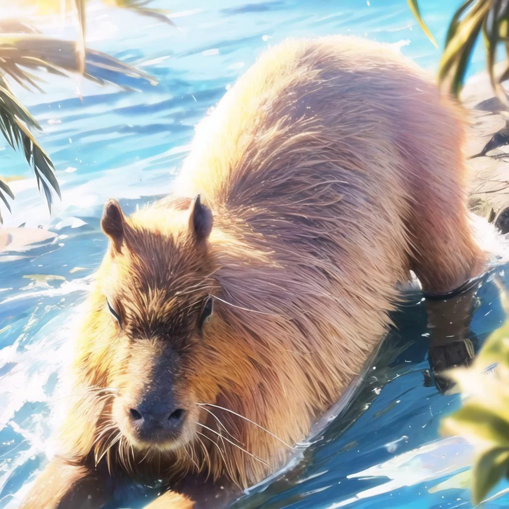 <lora:add_brightness:0.5><lora:add_detail:0.5><lora:capybarav4:1> capybara,solo focus<lora:cp\L_Cutie:-1>
Along the riverside in summer. The sun shining. Strong water current.The owner in a bathing suit.The owner in a swimsuit.,