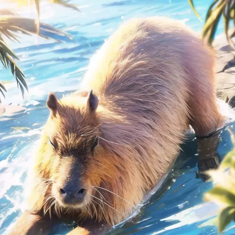 <lora:add_brightness:0.5><lora:add_detail:0.5><lora:capybarav4:1> capybara,solo focus<lora:cp\L_Cutie:-1>
Along the riverside in summer. The sun shining. Strong water current.The owner in a bathing suit.The owner in a swimsuit.,