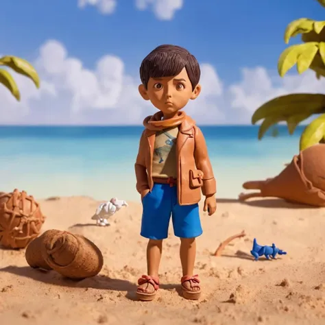 Boy wearing shorts in front of a beach,
,Clay Animation, Clay,<lora:ClayAnimation15PasWithTE:1>