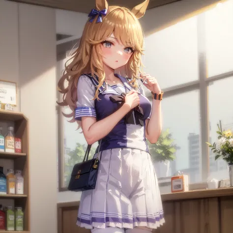 ((masterpiece, best quality)),<lora:Gold City2.0:0.6>,((1girl)),Gold City,Gold City(Tracen uniform),tracen_school_uniform,summer_uniform, white_skirt, pleated_skirt,short_sleeves,sailor_shirt, shoulder bag,((supermarket)),indoor,cowboy shot,white thighhighs,