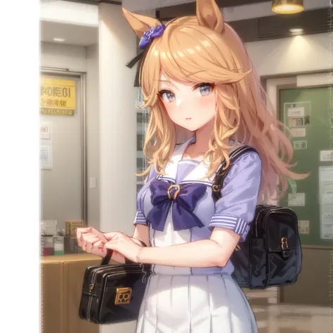 ((masterpiece, best quality)),<lora:Gold City2.0:0.6>,(((1girl))),Gold City,Gold City(Tracen uniform),tracen_school_uniform,summer_uniform, white_skirt, pleated_skirt,short_sleeves,sailor_shirt, shoulder bag, convenience store,indoor