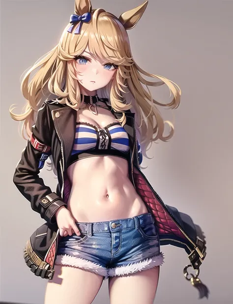 ((masterpiece, best quality)),Gold City,Gold City(Racing clothes),1girl,navel, shorts, open jacket,
