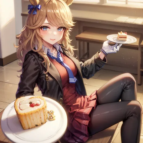 ((masterpiece, best quality)),<lora:Gold City2.0:0.7>,((1girl)),Gold City,Gold City(protype),blue_necktie, pantyhose, white_gloves,red_skirt,shirt,grey overcoat,(cafeteria),sitting,smile,table,plate,cake,tea,pov,(from above),
