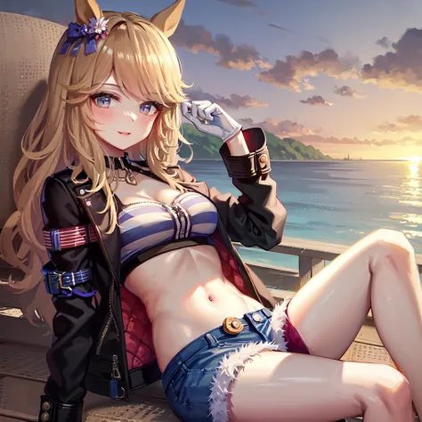 ((masterpiece, best quality)),<lora:Gold City2.0:0.6>,1girl,Gold City,( Gold City(Racing clothes) ),navel,open jacket,blue_shorts,arm_strap,white gloves,Reclining,Happy,cloudy sky,sunset,in summer,beach,lighthouse