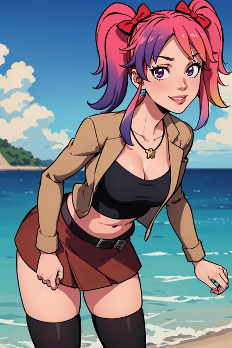 (masterpiece, best quality:1.2), <lora:saiko_bichitaru_(smg4):.9>, saiko bichitaru (smg4), 1girl, solo, thighhighs, skirt, twintails, pink hair, hair bow, multicolored hair, jacket, black thighhighs, breasts, large breasts, gradient hair, bow, navel, purple eyes, belt, jewelry, necklace, midriff, miniskirt, red bow, brown skirt, open clothes, zettai ryouiki, open jacket, cropped jacket, red hair, crop top, pink eyes, lips, day, beach, ocean, smile, outdoors, looking at viewer, flower, sky, cloud, leaning forward, water, shiny skin, bell,