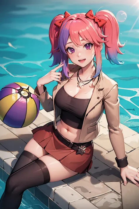 (masterpiece, best quality:1.2),  <lora:saiko_bichitaru_(smg4):.9>, saiko bichitaru (smg4), 1girl, solo, thighhighs, skirt, twintails, pink hair, hair bow, multicolored hair, jacket, black thighhighs, breasts, large breasts,  gradient hair, bow, navel, purple eyes, belt, jewelry, necklace, midriff, miniskirt, red bow, brown skirt, open clothes, zettai ryouiki, open jacket, cropped jacket, red hair, crop top, pink eyes, lips, open mouth, ball, smile, sitting, looking at viewer, :d, pool, beachball, from above, lens flare, poolside