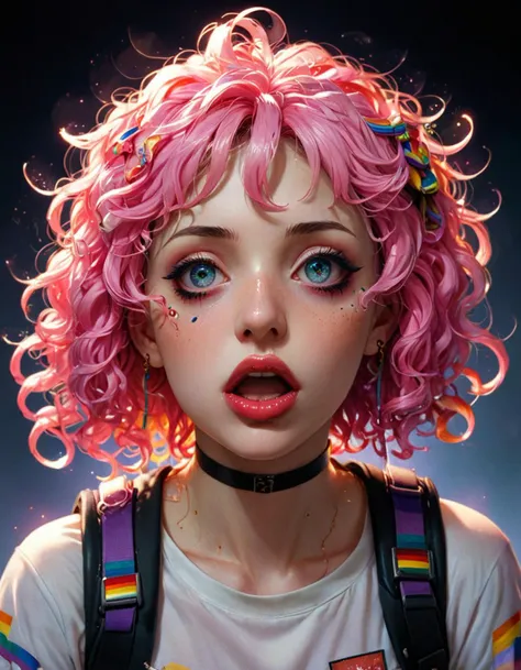 (by Hideyuki Kikuchi:1.2) and Satoshi Kon, RAW photo, Portrait, Drawing, insane details, Charismatic Greek (Adaeze:1.3) , Nasty lips, wearing Rainbow ral-animepride, Pink hairstyle, curly hair, Adaeze has a Backpack, Unconventional Three-Eyed, soft focus, horror and fantasy, dark and atmospheric storytelling, psychological and surreal themes, innovative storytelling techniques, Surreal, mind-bending, psychological, masterful storytelling, Kinetic Pointillism, short lighting, film camera, F/8, Amaro, close-up, <lora:ral-animepride-sdxl:0.7>, intricate artistic color, complimentary colors, very, sharp focus, magnificent