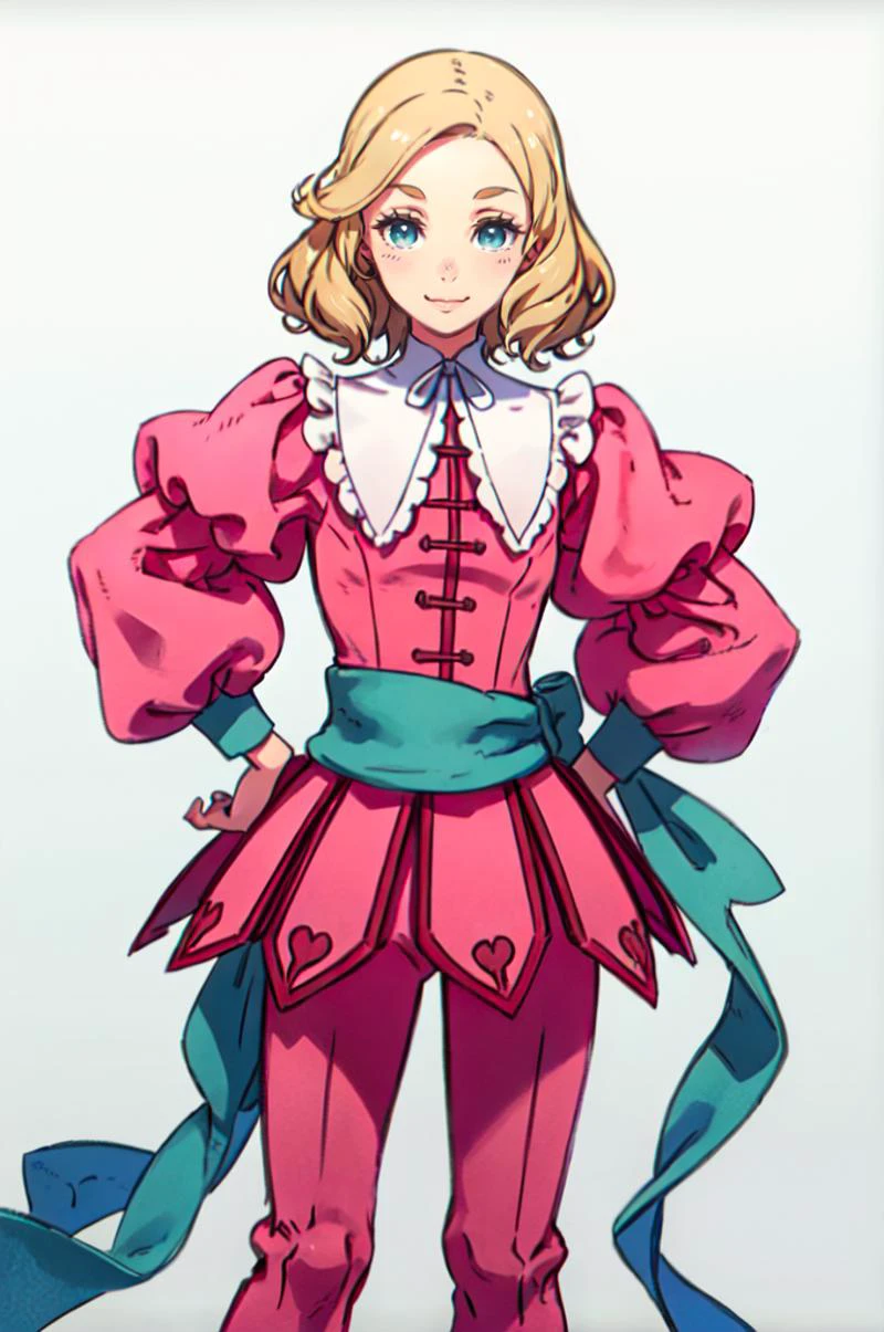 solo, cowboy shot, smile, hands on own hips, <lora:CastlevaniaMaria-v1:0.6> ChopioMaria, blue eyes, blonde hair, very long hair, wavy hair, eyelashes, ||outfit_1, green hair ribbon, low ponytail, pink dress, white collar, pilgrim collar, white ribbon, frills, puffy sleeves, juliet sleeves, green sash, pink pants, layered pants, shoes, brown footwear, <lora:kuroboshi_kouhaku_style_v01:1>, absurdres, ultra detailed, masterpiece, best quality, aesthetic, detailed,