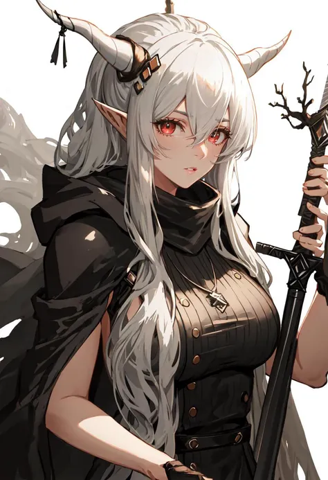 best quality, masterpiece, highres, solo, (shining_arknights:1.10), 1girl, black cloak, hooded cloak, parted lips, holding weapon, looking at viewer, sword, hood up, simple background, upper body, white background, grey hair, necklace, staff, black dress, 1 <lora:shining_arknights:0.80>