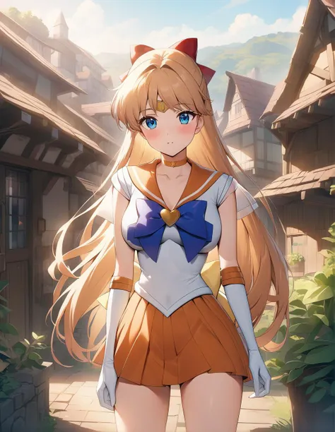 best quality, ultra-detailed, 1girl, solo,<lora:sdxl-sailor-venus-v1:1>, sailorvenus, xsuperuniformx, (heartbrooch:0.3), long hair, choker, gloves, standing ,,staring, <lora:ALTXL_001_4:2>, in a village