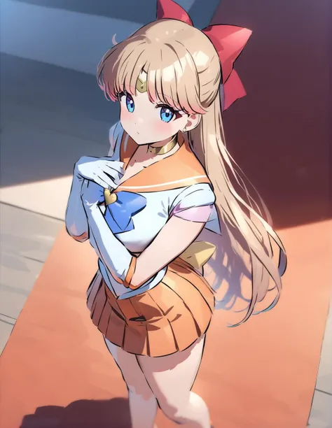 best quality, ultra-detailed, ,1girl, solo,<lora:sdxl-sailor-venus-v2:1>, sailorvenus, xsuperuniformx, (heartbrooch:0.3), choker, circlet, hair bow , gloves, pleated skirt, relaxed posture, elbows extended, standing, knees , , :/,<lora:ALTXL_001_4:2>, , on the red carpet