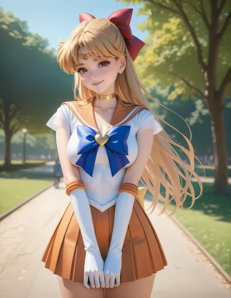 best quality, ultra-detailed, masterpiece,1girl, solo,<lora:sdxl-sailor-venus-v2:1>, sailorvenus, xsuperuniformx, (heartbrooch:0.3), choker, circlet, hair bow , gloves, pleated skirt, relaxed posture, elbows extended, standing, knees , , smile,<lora:ALTXL_001_4:2>, , in a park