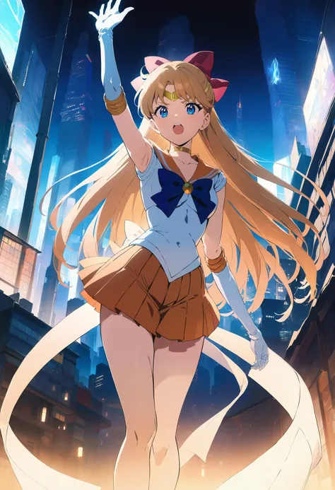 1girl, (solo:1.1), standing, feet out of frame, (arm up:1.1), open hand, arm above head, arm at side, open mouth, serious determined, sailorvenus, xnormaluniformx, blue eyes, choker, circlet, hair bow , gloves, pleated skirt, surrounded by a glowing ribbon made of pure light, special effects, detailed ultra photorealistic steet of Tokyo, city, shop, skyscraper, utilit pole, noon, cinematic composition, cinematic angle, cinematic lighting, front lighting, anime artwork, anime style, key visual, vibrant, studio anime, highly detailed, anime coloring, cel shading, newest, masterpiece, best quality, <lora:style-enhancer-xl:0.6>, <lora:sdxl-sailor-venus-v2:1>